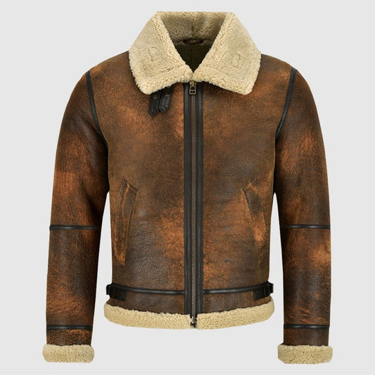 Men Distressed Brown Shearling Leather Jacket With Vintage Aviator Style
