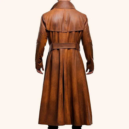 Men Peanut Brown Genuine Sheepskin Duster Coat With Distressed Vintage Style