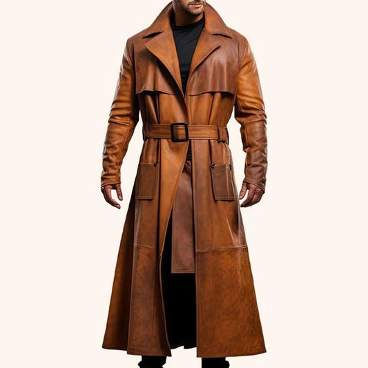 Men Peanut Brown Genuine Sheepskin Duster Coat With Distressed Vintage Style