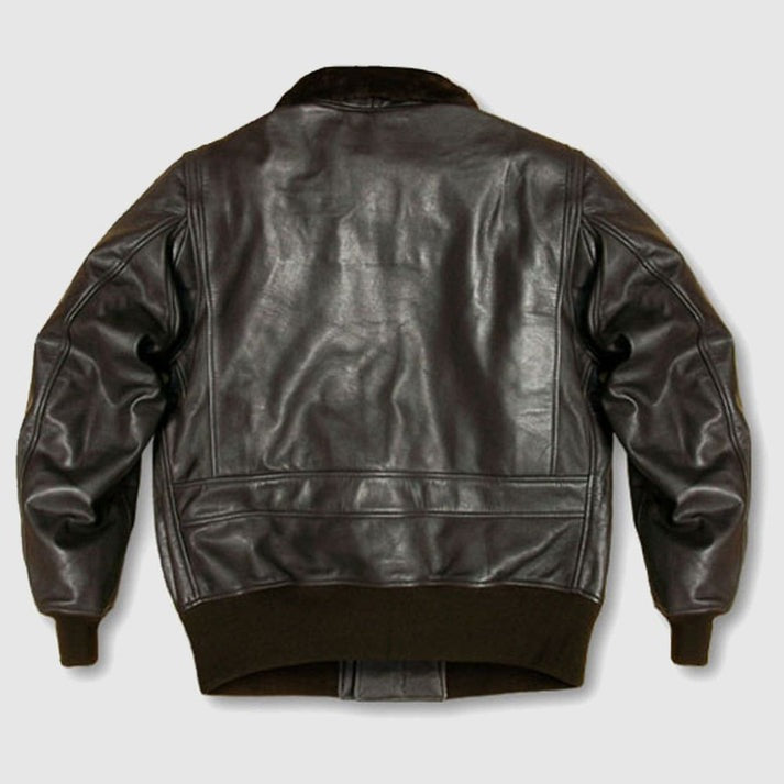 Men Seal Brown Goatskin Leather Flight Jacket With Mouton Fur Collar