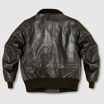 Men Seal Brown Goatskin Leather Flight Jacket With Mouton Fur Collar