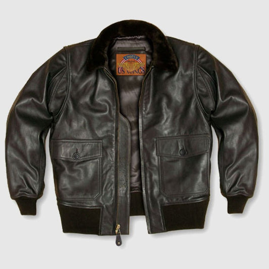Men Seal Brown Goatskin Leather Flight Jacket With Mouton Fur Collar
