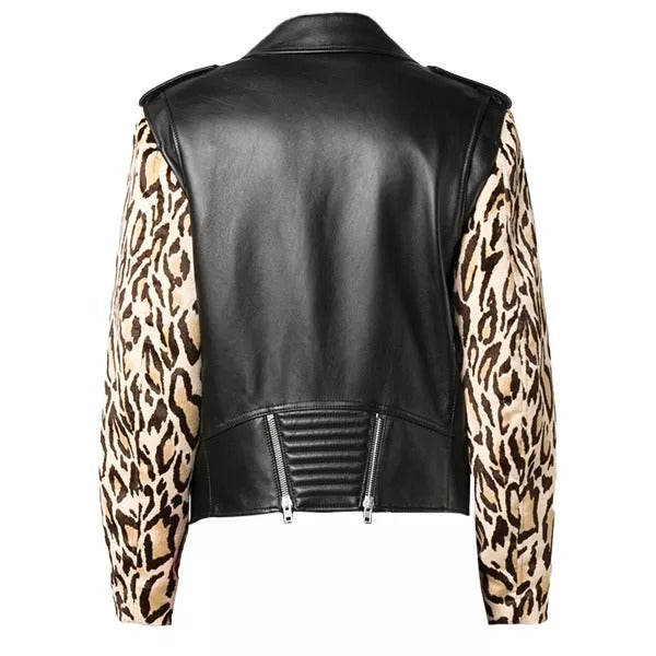 Men Black Genuine Leather Biker Jacket With Leopard Print Sleeves