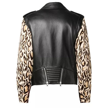 Men Black Genuine Leather Biker Jacket With Leopard Print Sleeves