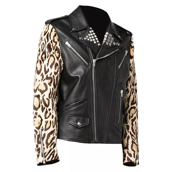 Men Black Genuine Leather Biker Jacket With Leopard Print Sleeves