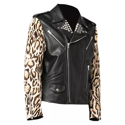Men Black Genuine Leather Biker Jacket With Leopard Print Sleeves