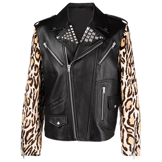 Men Black Genuine Leather Biker Jacket With Leopard Print Sleeves
