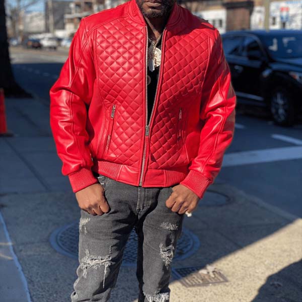 Men Red Lambskin Leather Bomber Jacket With Quilted Varsity Style