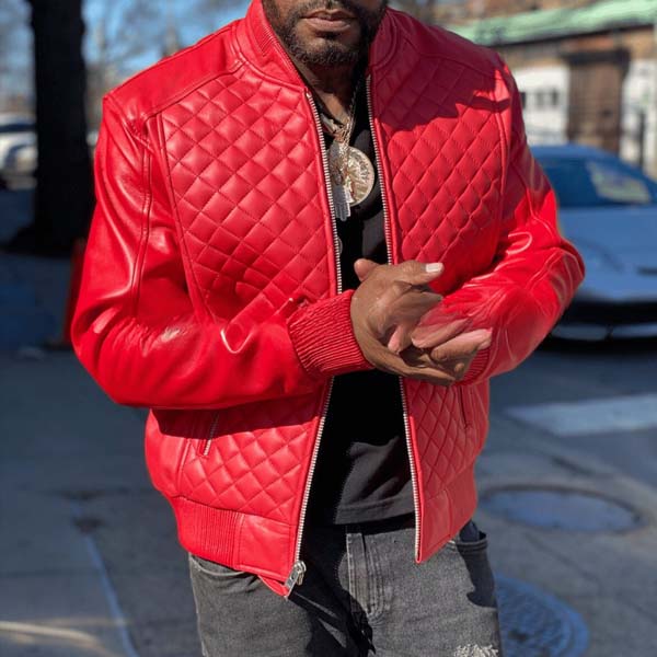 Men Red Lambskin Leather Bomber Jacket With Quilted Varsity Style
