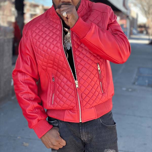Men Red Lambskin Leather Bomber Jacket With Quilted Varsity Style