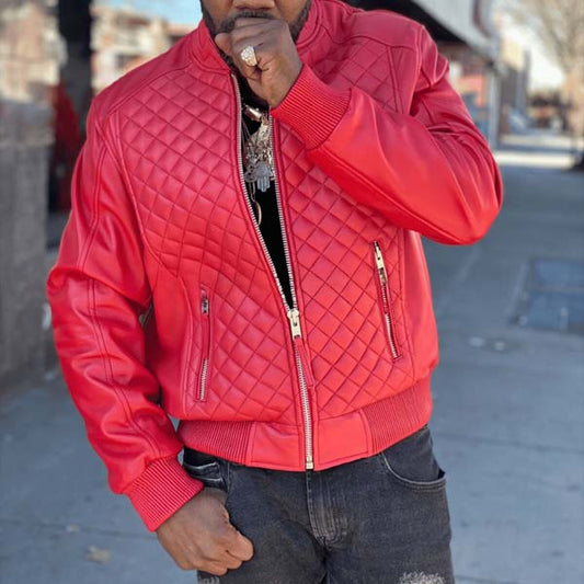 Men Red Lambskin Leather Bomber Jacket With Quilted Varsity Style