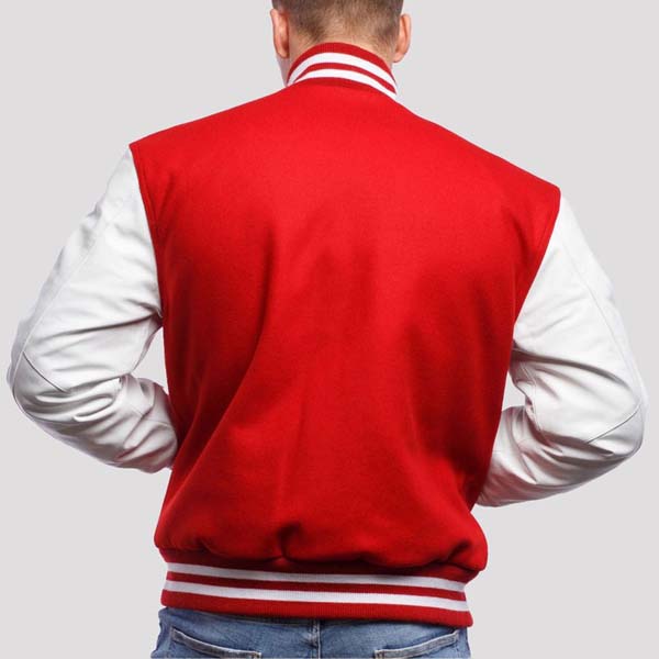 Men Red Wool and White Genuine Leather Varsity Jacket With Classic Letterman Style
