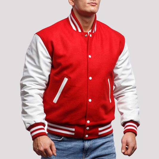 Men Red Wool and White Genuine Leather Varsity Jacket With Classic Letterman Style