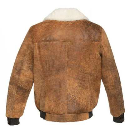 Men Distressed Brown Shearling Leather Bomber Jacket With A2 Aviator Style
