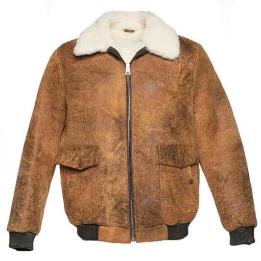 Men Distressed Brown Shearling Leather Bomber Jacket With A2 Aviator Style
