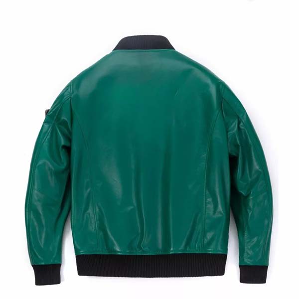 Men Teal Green Genuine Leather Bomber Jacket With Classic Rib Knit Style