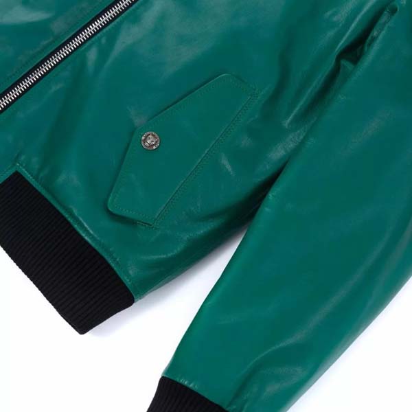 Men Teal Green Genuine Leather Bomber Jacket With Classic Rib Knit Style