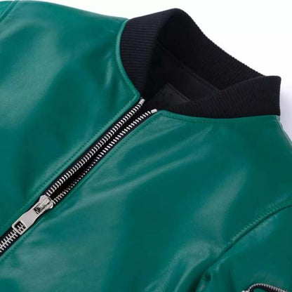 Men Teal Green Genuine Leather Bomber Jacket With Classic Rib Knit Style
