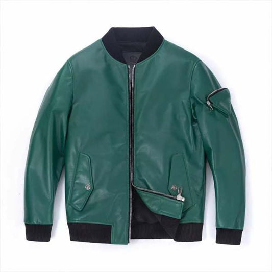 Men Teal Green Genuine Leather Bomber Jacket With Classic Rib Knit Style