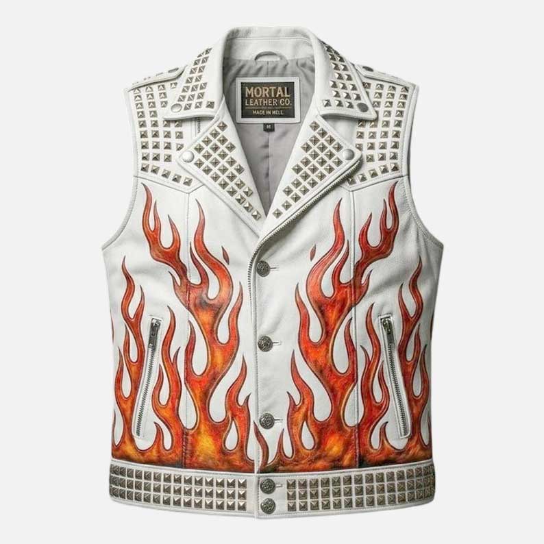 Premium studded gothic leather biker vest by Glory Store US flame sublimation artwork