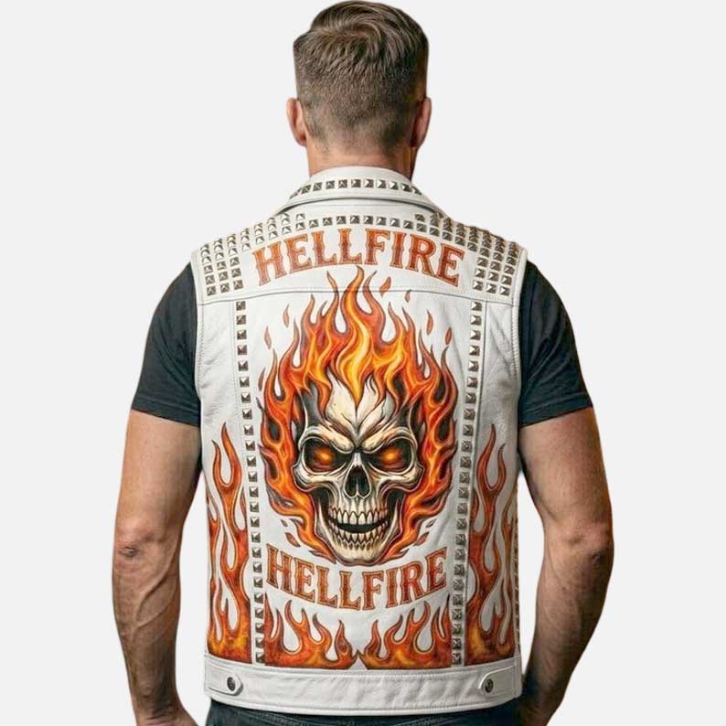 Stylish men white skull flame leather vest by Glory Store US sleeveless biker style