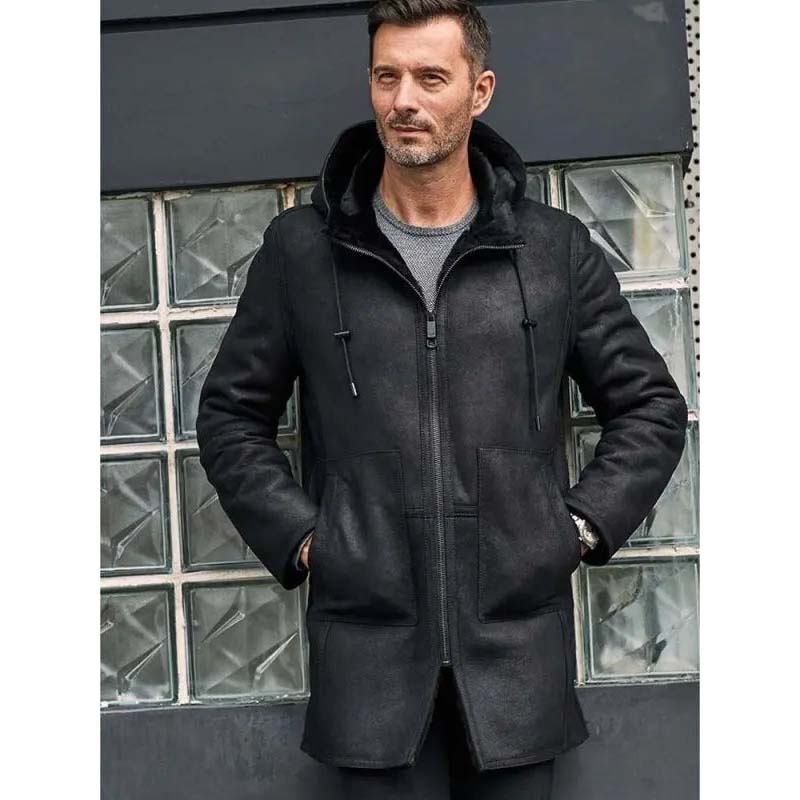 Men's Black Sheepskin Leather B7 Bomber Coat with Hooded Shearling Design