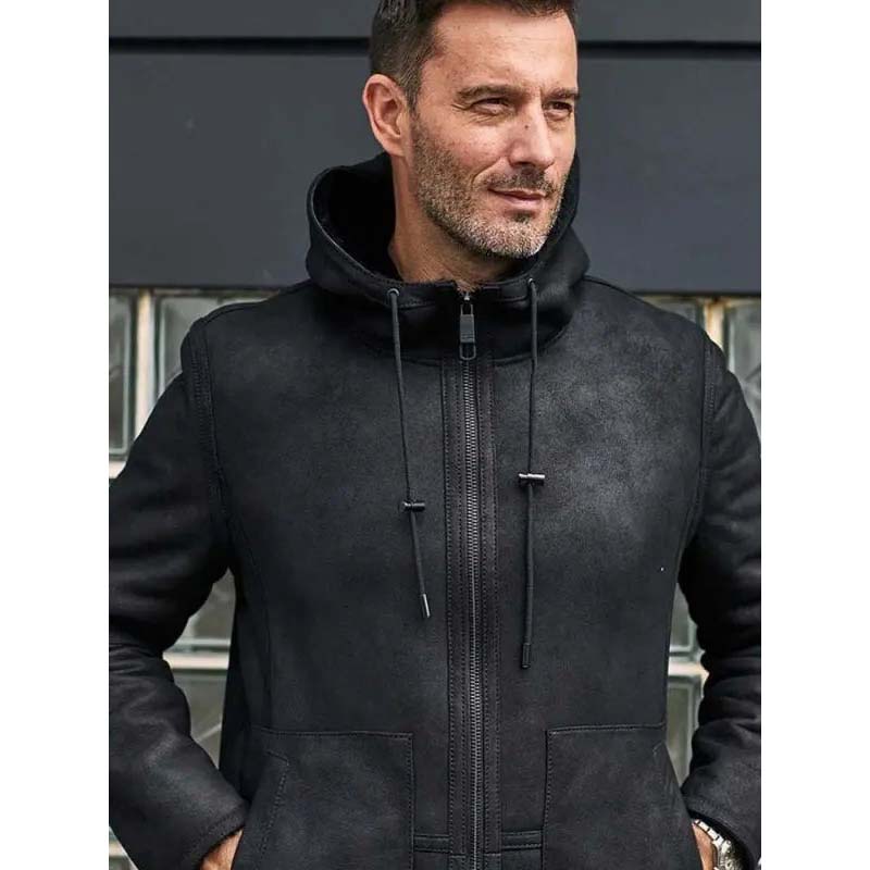 Men's Black Sheepskin Leather B7 Bomber Coat with Hooded Shearling Design