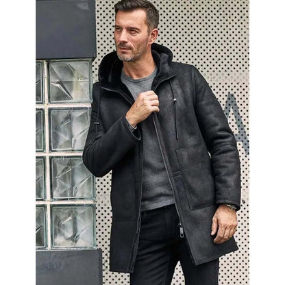 Men's Black Sheepskin Leather B7 Bomber Coat with Hooded Shearling Design