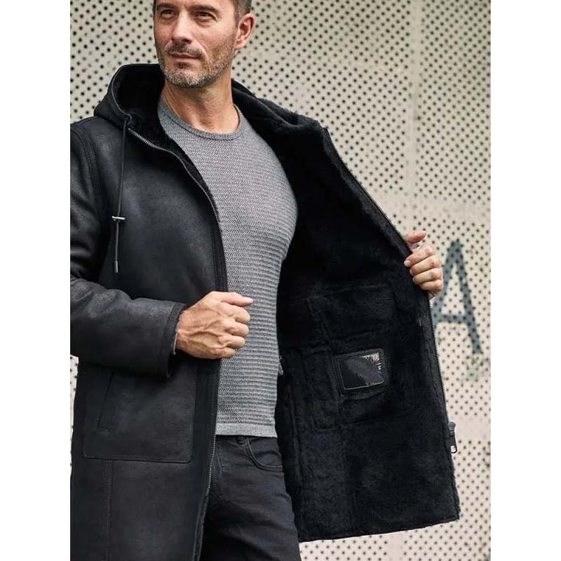 Men's Black Sheepskin Leather B7 Bomber Coat with Hooded Shearling Design