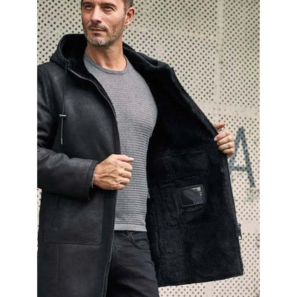 Men's Black Sheepskin Leather B7 Bomber Coat with Hooded Shearling Design