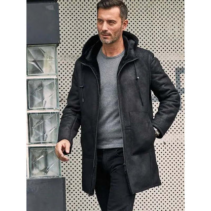 Men's Black Sheepskin Leather B7 Bomber Coat with Hooded Shearling Design