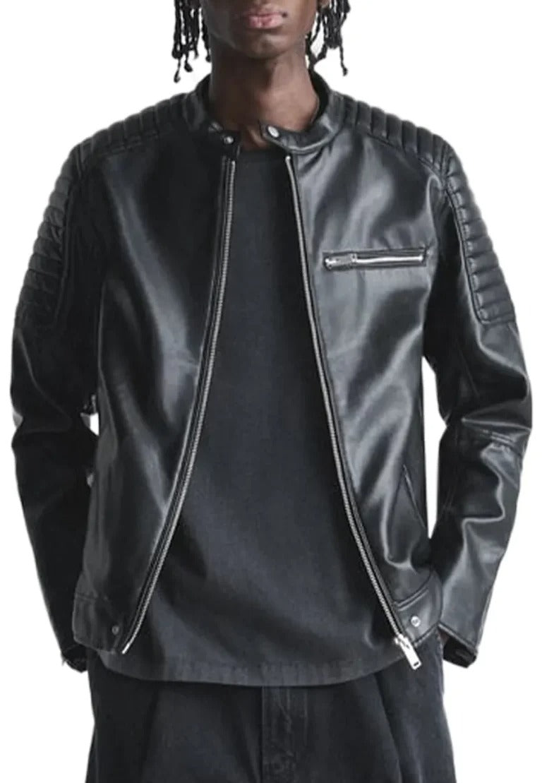 Men’s Band Collar Black Leather Biker Jacket – Modern Slim Fit Moto Style