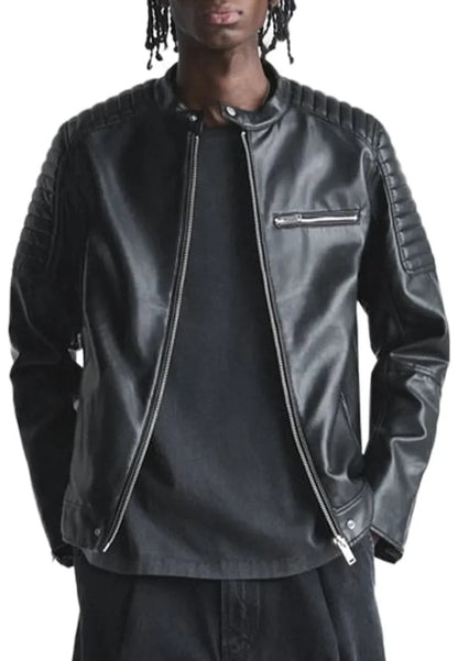 Men’s Band Collar Black Leather Biker Jacket – Modern Slim Fit Moto Style