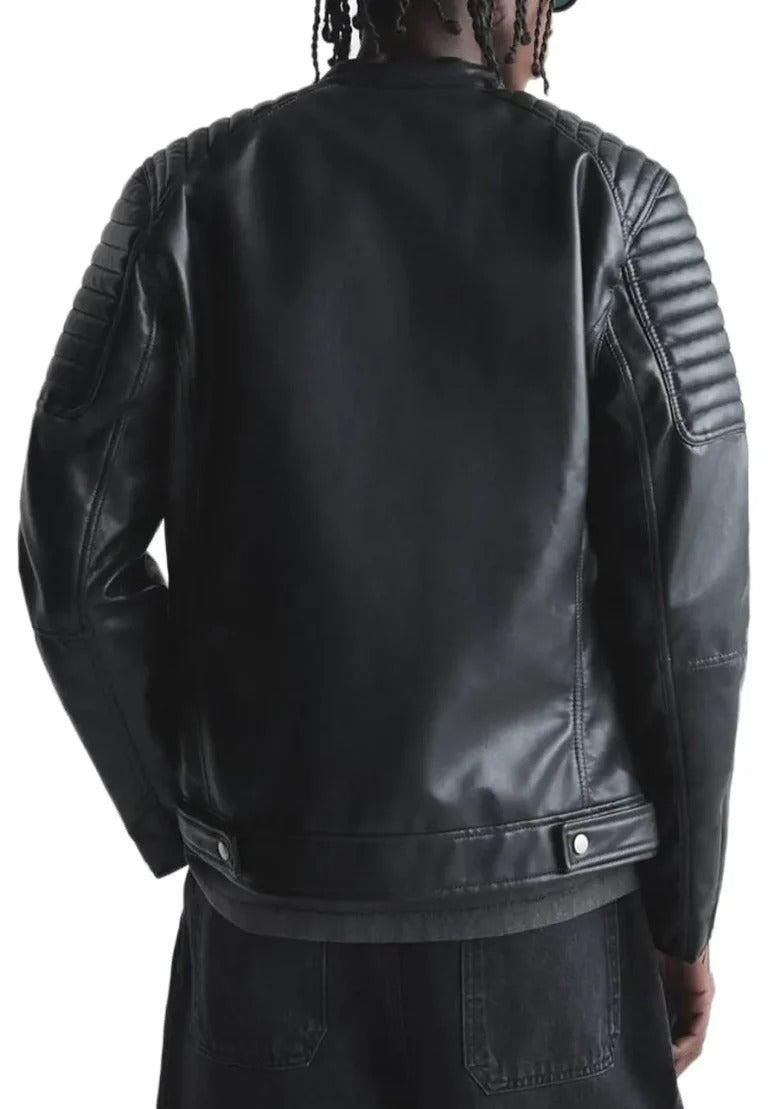 Men’s Band Collar Black Leather Biker Jacket – Modern Slim Fit Moto Style