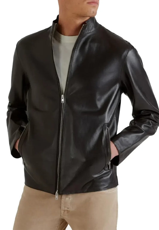 Men’s Black Café Racer Leather Jacket with Band Collar – Sleek, Minimal & Road-Ready