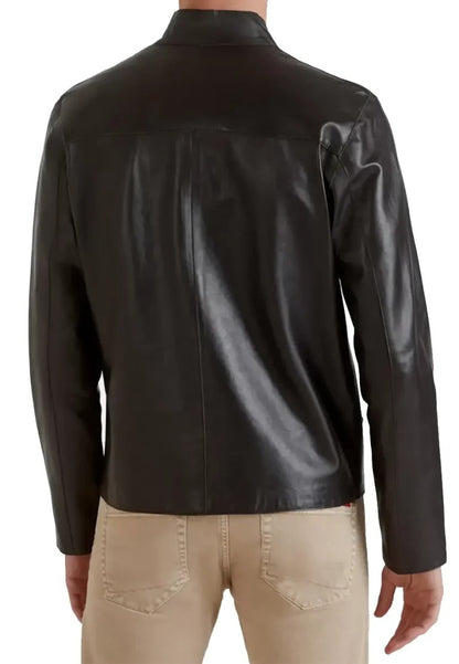 Men’s Black Café Racer Leather Jacket with Band Collar – Sleek, Minimal & Road-Ready