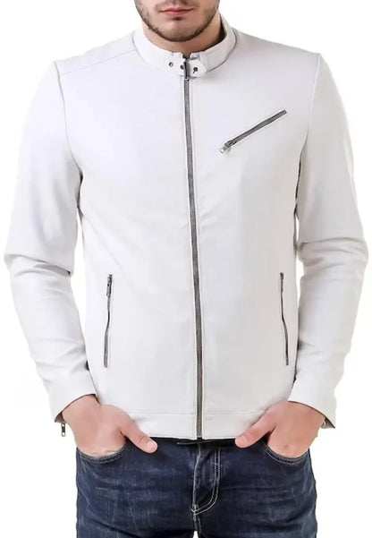 Men’s Band Collar White Leather Biker Jacket – Sleek Slim Fit Moto Style