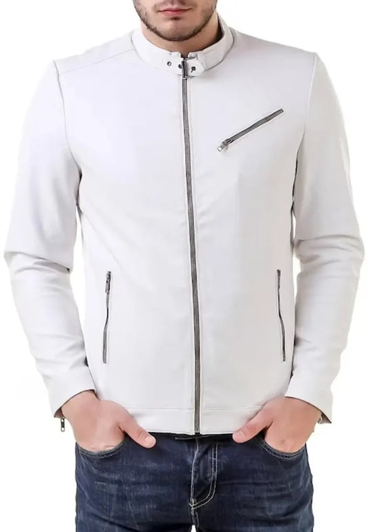 Men’s Band Collar White Leather Biker Jacket – Sleek Slim Fit Moto Style