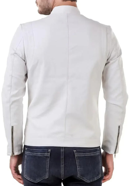 Men’s Band Collar White Leather Biker Jacket – Sleek Slim Fit Moto Style