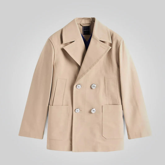 Men’s Beige Double Breasted Royal Navy Cotton Peacoat