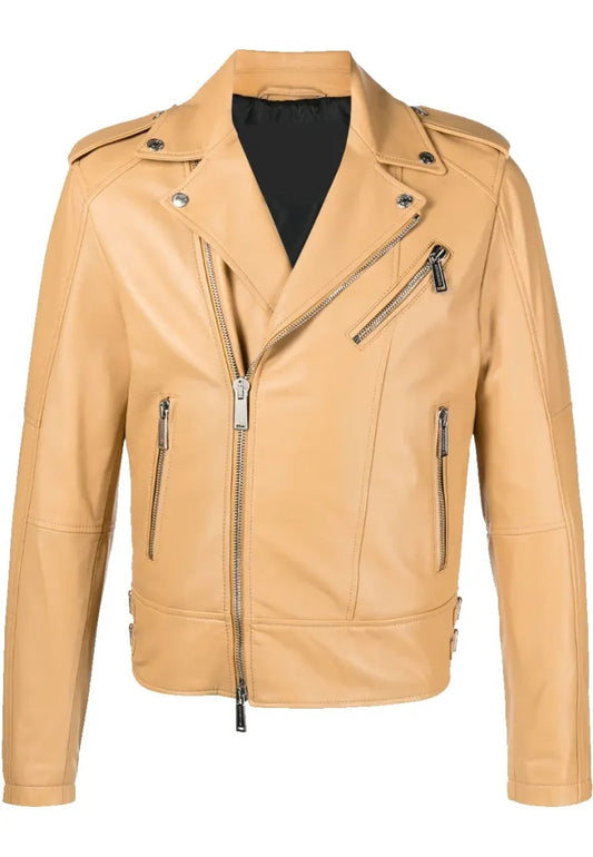 Men’s Beige Leather Biker Jacket – Minimalist Street Moto Design