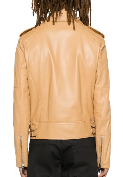 Men’s Beige Leather Biker Jacket – Minimalist Street Moto Design