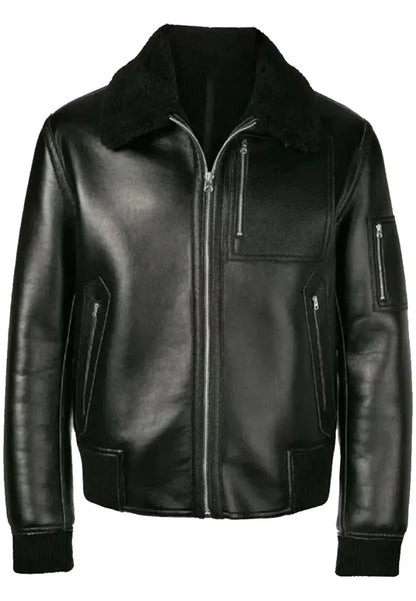 Men’s Black Leather Bomber Jacket with Shearling – Biker Style Meets Winter Comfort