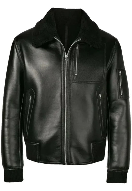 Men’s Black Leather Bomber Jacket with Shearling – Biker Style Meets Winter Comfort
