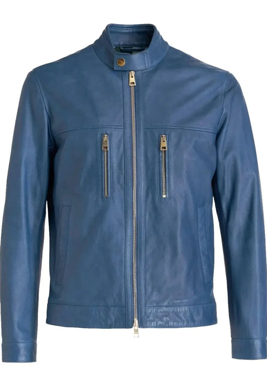 Men’s Classic Blue Leather Biker Jacket – Timeless Moto Street Style