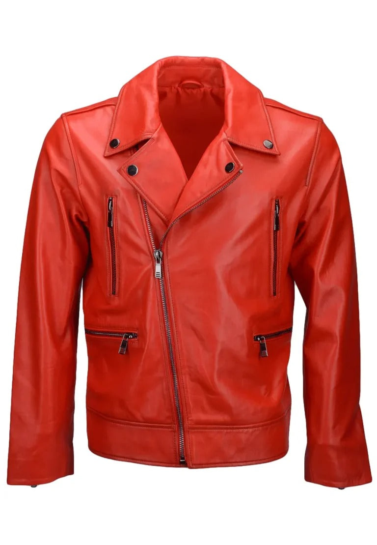 Men’s Red Real Leather Biker Jacket – Bold, Durable & Street-Ready