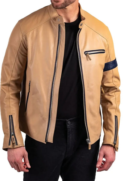 Men’s Light Tan Leather Biker Jacket – Classic Moto Style