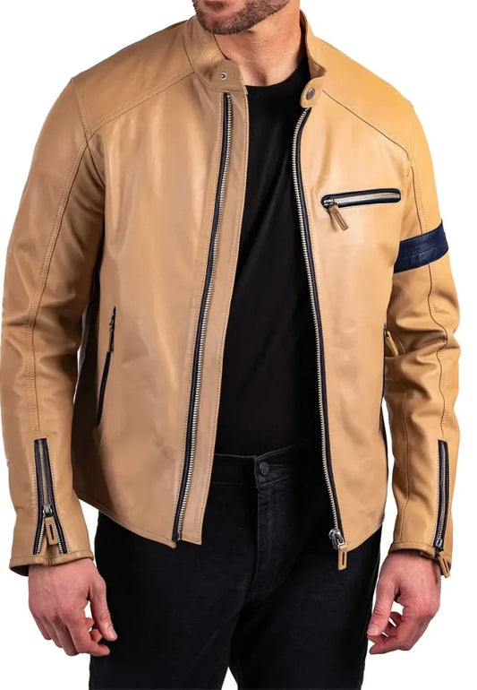 Men’s Light Tan Leather Biker Jacket – Classic Moto Style