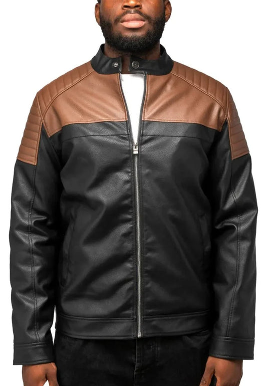 Men’s Black and Brown Colorblock Leather Moto Jacket – Modern Biker Edge