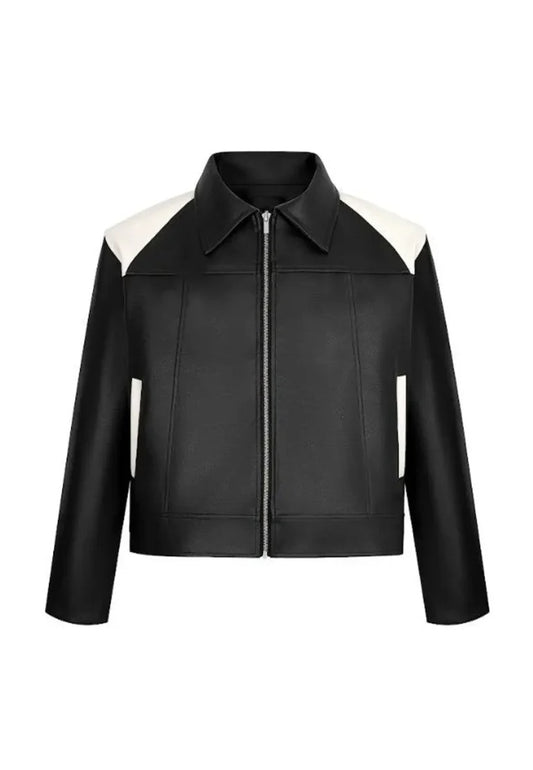 Men’s Black and White Leather Ryder Jacket – Sporty Moto-Inspired Style